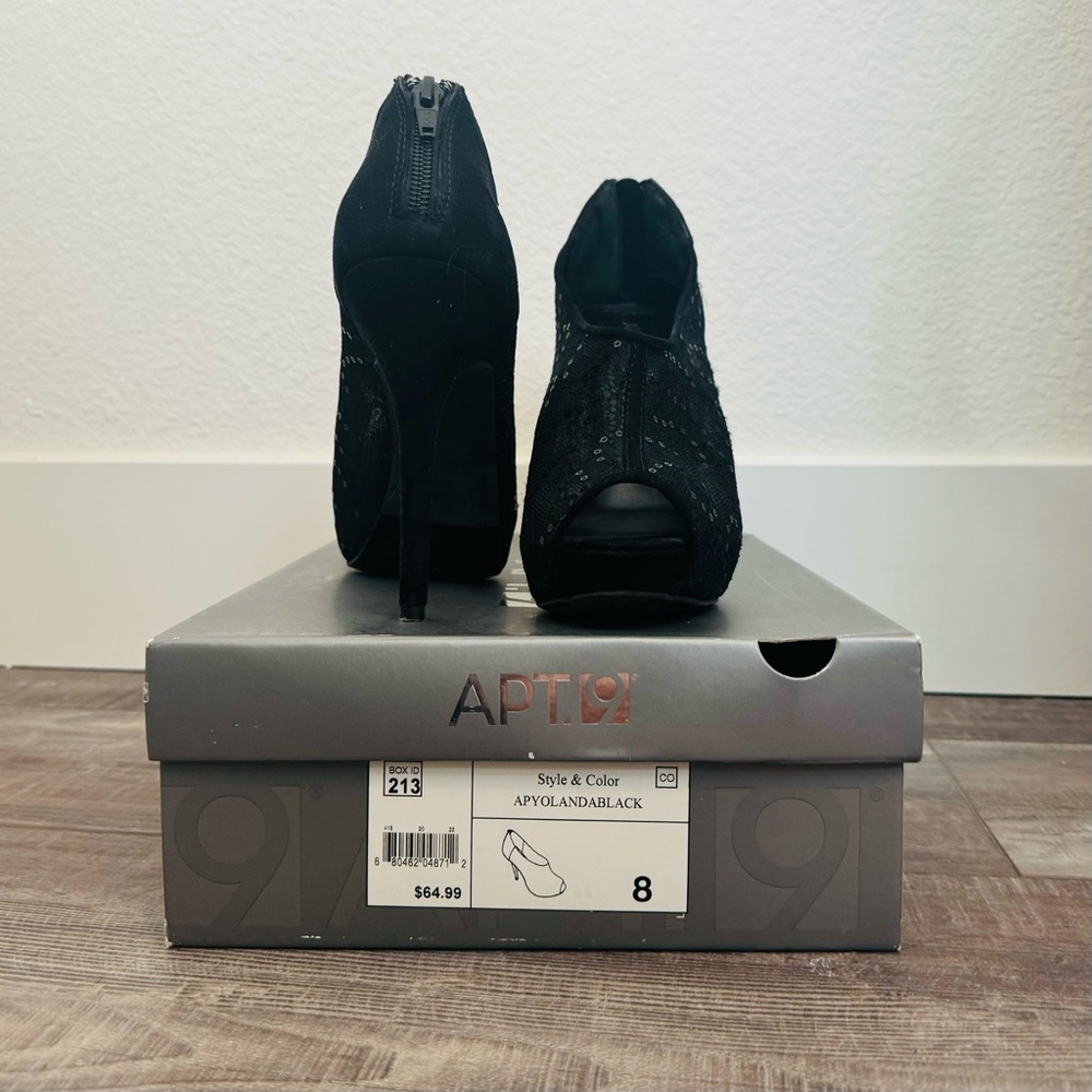 Black Lace & Sequin Platform Peep-toe Booties